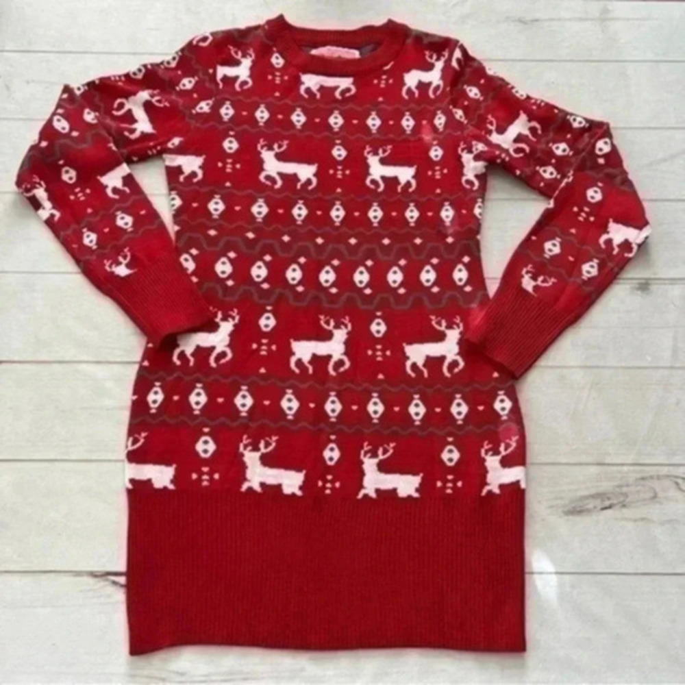 Tipsy Elves Womens Fair Isle knit red reindeer sweater dress Size S